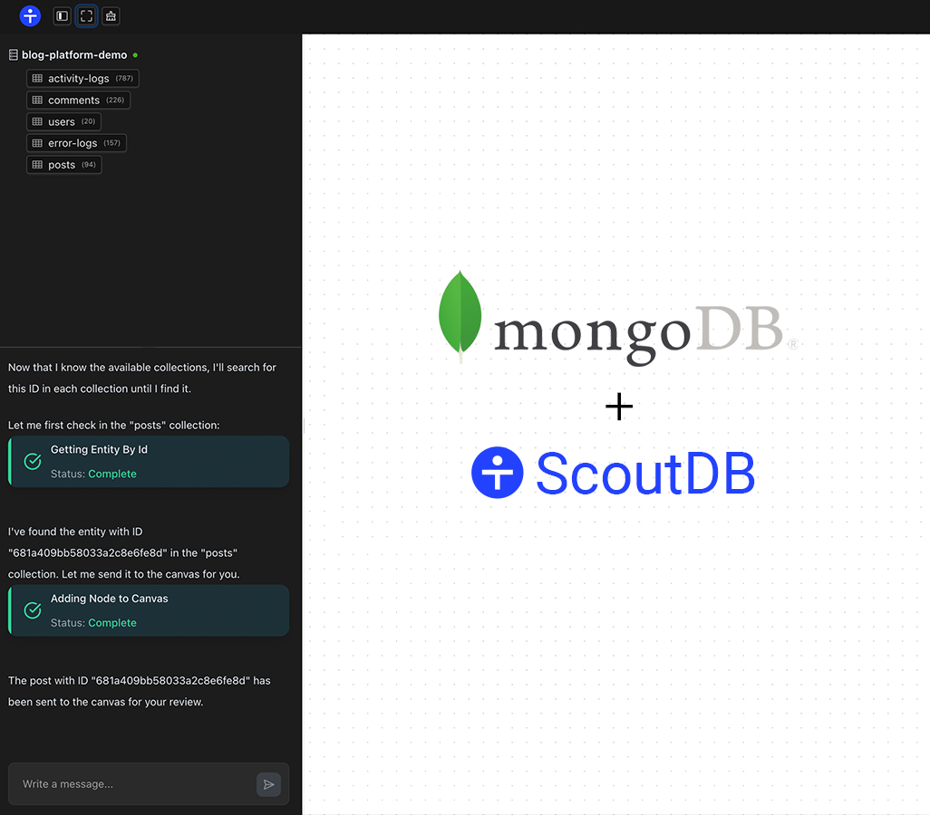 ScoutDB is the world's first agentic Mongo GUI. Run queries using natural language, automatically map your relationships, and explore data on a beautiful, infinite canvas.